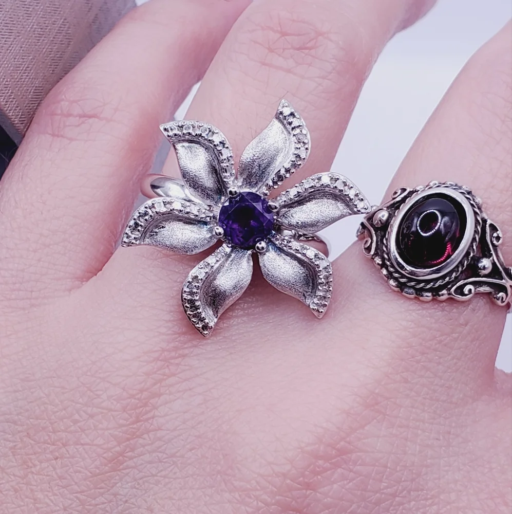Genuine Round Purple Amethyst & Diamond Accent 925 Silver Flower Statement Ring